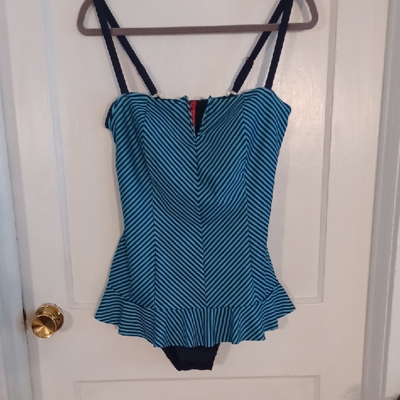 SPANX Teal and Navy Striped Swimwear Size 12 New No Tag - Picture 1 of 5